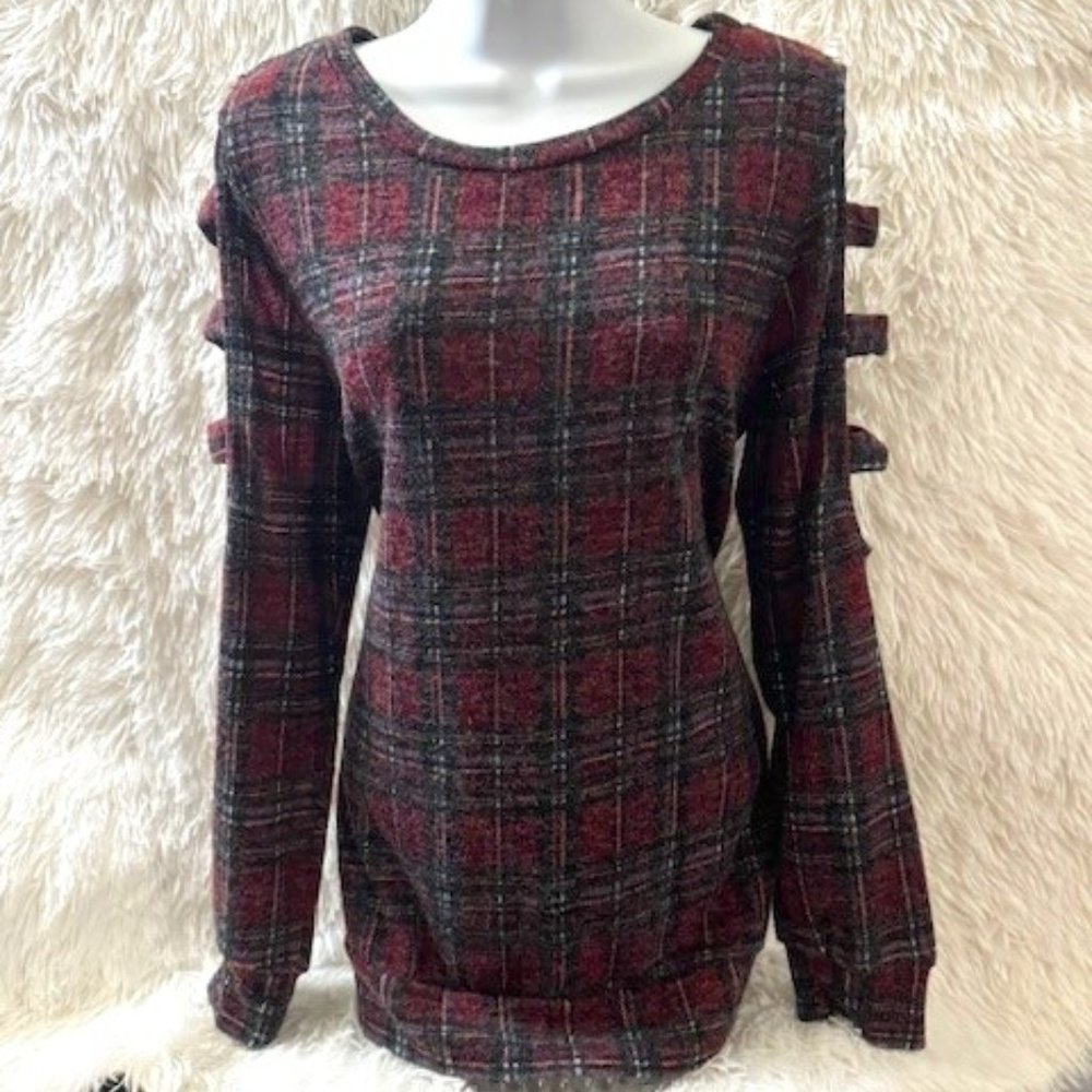Cold Shoulder Plaid Sweater